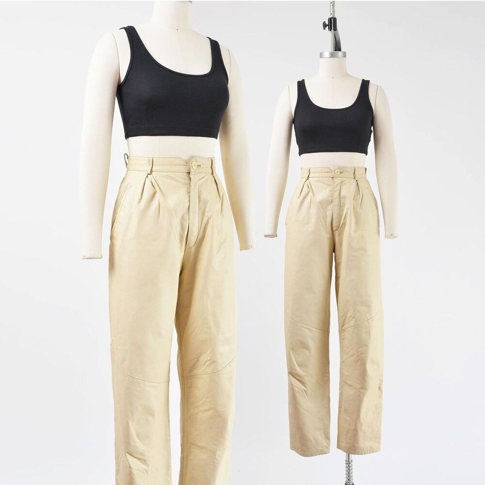Vintage 80s Wilsons Leather Pants Cream Bone High Waisted Pleated Trousers S